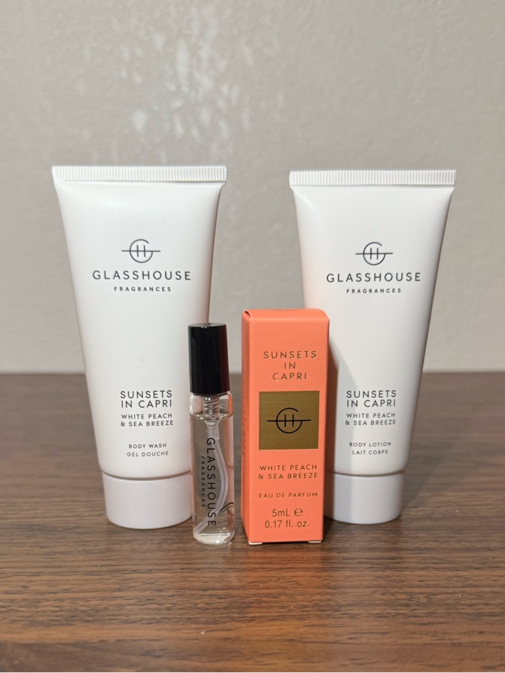 Glasshouse Travel Size 3/piece Bath Set in Sunsets in Capri